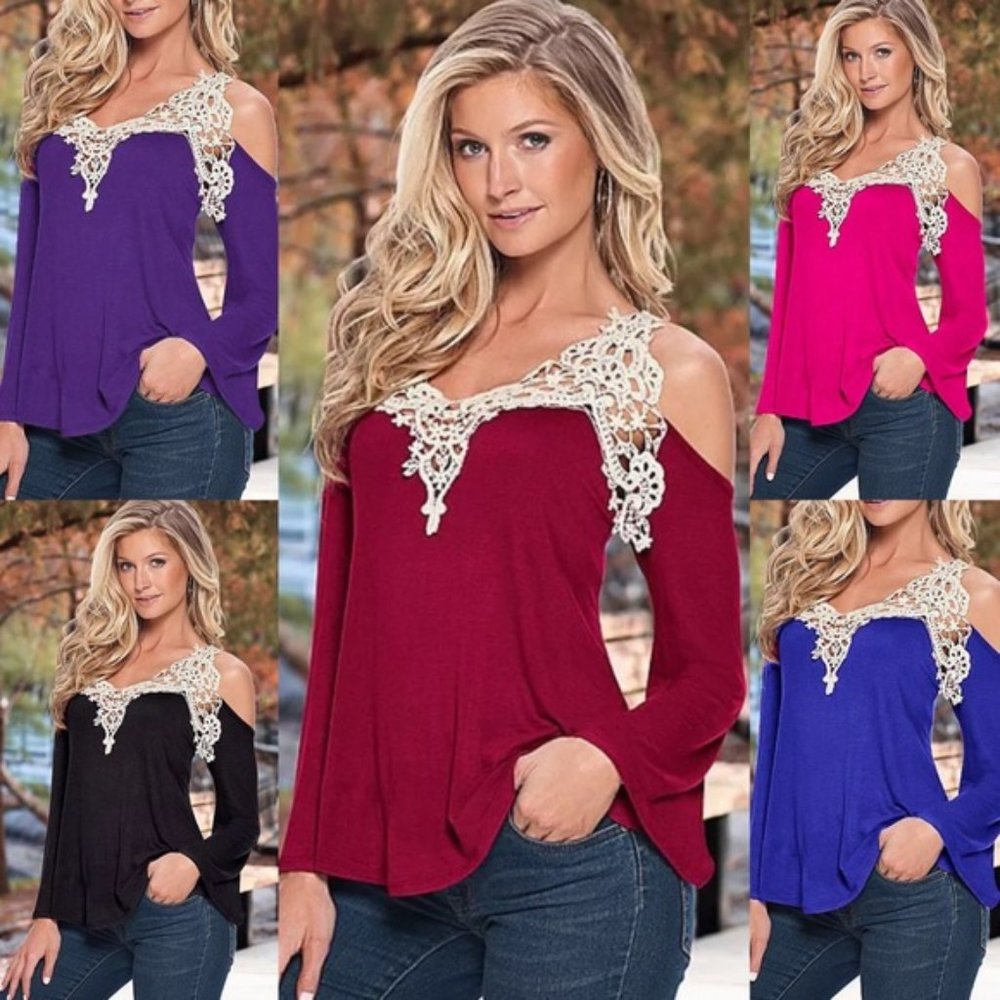 🆕 Bohemian Floral Crochet Cold Shoulder Top